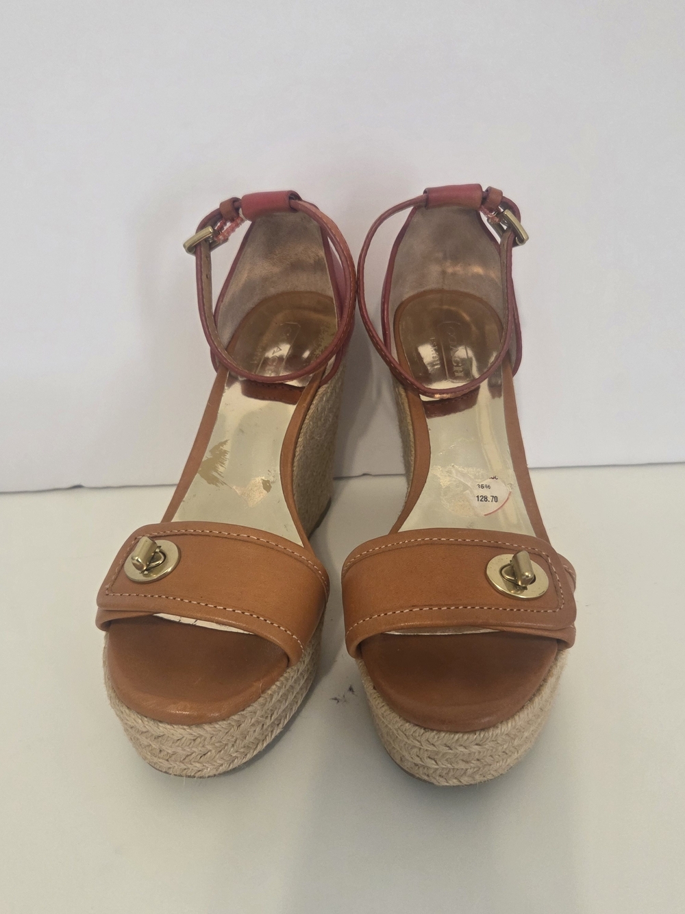 Coach Tan Espadrille Wedge Sandals with Pink Ankle Strap
